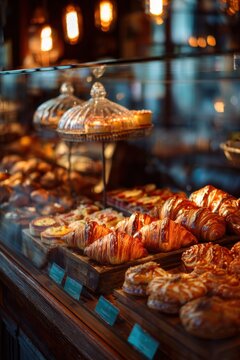 Bakery display case shows artisan pastries and baked goods in a local shop during afternoon hours