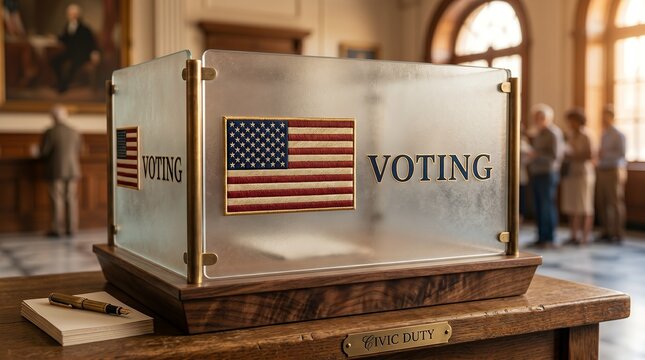 Elegant Voting Booth with American Flag and Pen on Table