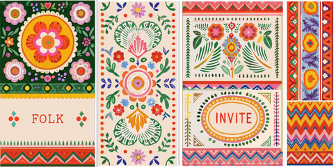 folk art floral patterns with vibrant colors and geometric borders traditional design cultural motifs ornamental patterned vector illustration colorful decorative © Bebdas