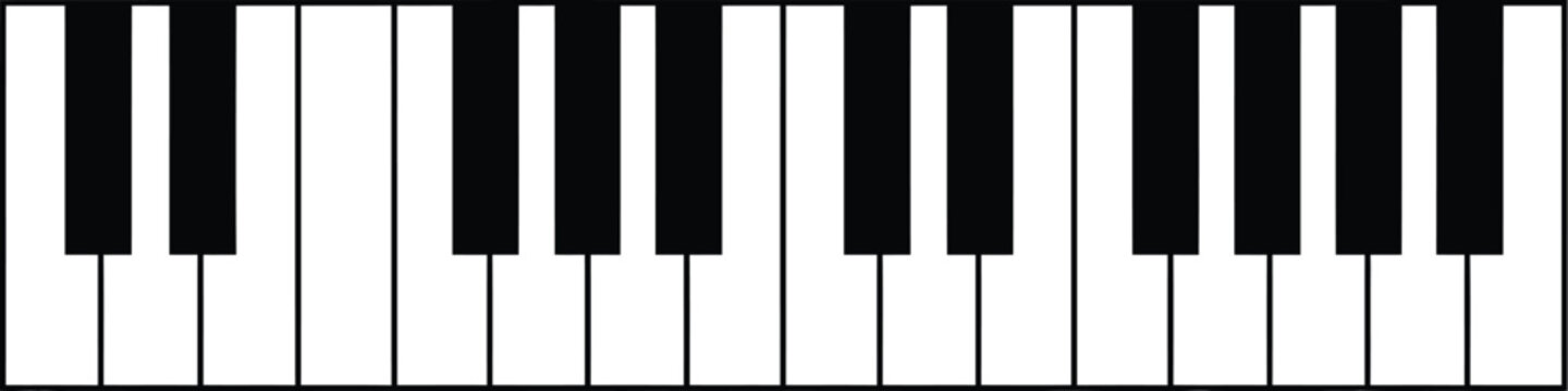 Minimalist black and white piano keyboard illustration showing a simple musical pattern on white background