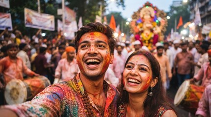 Fototapeta premium Young Indian Couple Celebrating Cultural Festival with Colored Powder Selfie Joyful Man and Woman Smiling Together in Crowded Street Parade Concept of Unity and Happiness