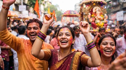 Fototapeta premium Joyful Indian young adults celebrating traditional religious festival with colorful powder on faces, dancing in street procession, cultural heritage, happiness, community, togetherness