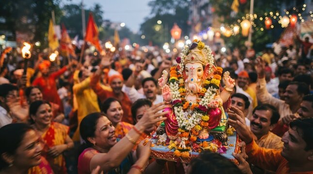 Devout Indian crowd celebrating Ganesh Chaturthi festival carrying Lord Ganesha idol statue in street procession, joyful religious community gathering, spiritual cultural tradition
