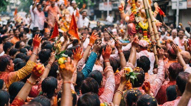 Crowd of Indian people celebrating religious festival with orange powder and raised hands, joyful cultural street procession with traditional deity statue, unity concept