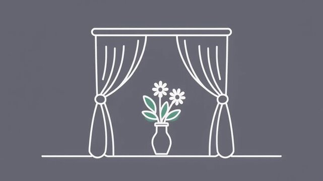 Line art illustration of curtains and flowers. Minimalist window decor sketch.