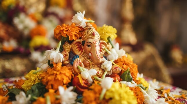 Ganesha idol adorned with marigold and jasmine flowers for Hindu worship, spiritual home altar decoration, traditional Indian festival prayer offering, religious concept