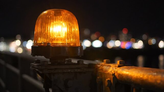 Glowing orange hazard warning light flashing on bridge at night with bokeh city lights