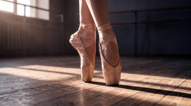 Close up of ballerina's feet crossed in worn pointe shoes