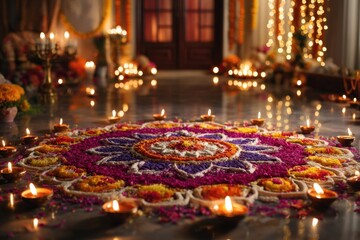 Fototapeta premium Breathtaking scene of Diwali celebration with colorful rangoli and traditional lamps in a decorated space during the festival of lights at night