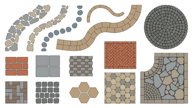 Stone Paver Texture Set for Landscape Design, Garden Path and Walkway Paving Patterns, Outdoor Cobblestone and Brick Vector Elements