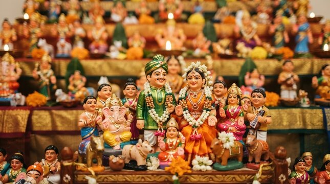 Traditional Indian Golu Doll Display Featuring Miniature Bride and Groom Figurines for Navratri Festival Celebration and Cultural Home Decor Concept