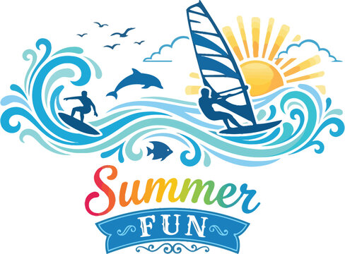 Vibrant summer design featuring surfing and windsurfing silhouettes on stylized blue ocean waves with sun