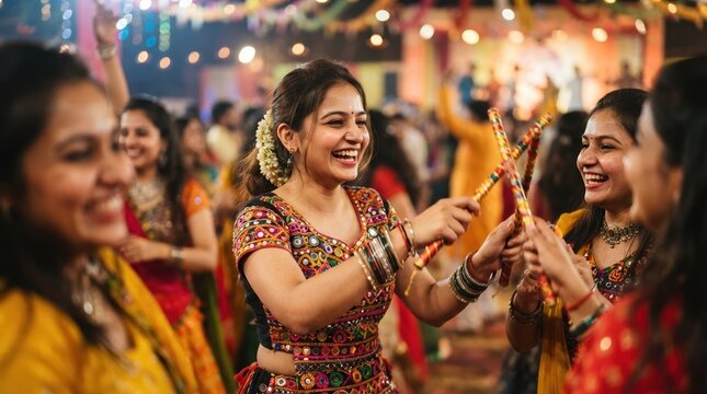 Young Indian women dancing Dandiya Raas with wooden sticks at a festive celebration, traditional colorful ethnic attire, joyful cultural event, celebration of togetherness