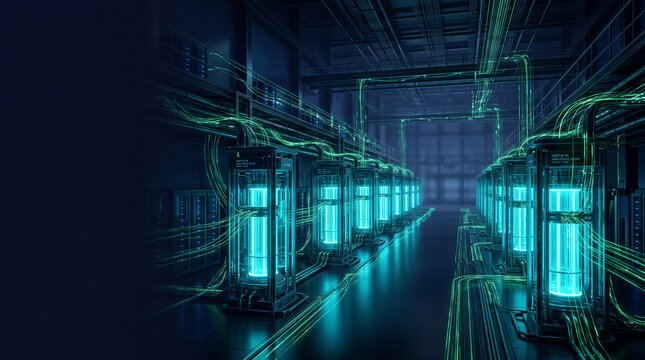 Futuristic quantum computing data center with glowing blue energy chambers and cyber green optical network cables in sci-fi server room