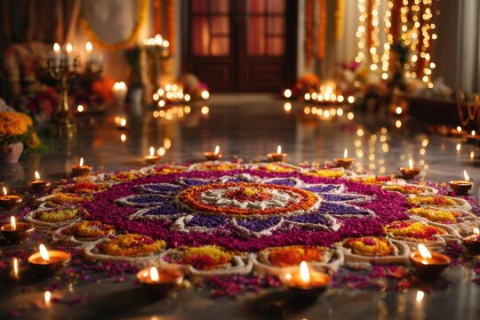 Breathtaking scene of Diwali celebration with colorful rangoli and traditional lamps in a decorated space during the festival of lights at night