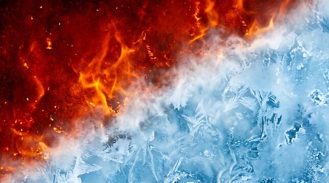 Fire and ice abstract background. Hot flames meeting cold frozen water texture.