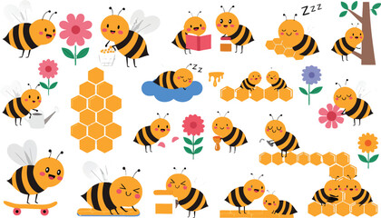 Cartoon bee characters set showing various daily activities and emotions © Sadhin07