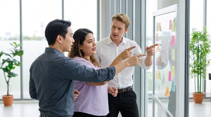 Obraz premium Generative AI, Diverse team brainstorming with sticky notes on a glass board