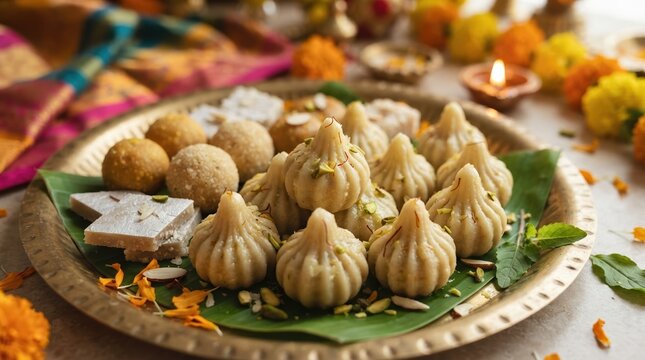 Traditional Indian Modak and Ladoo Sweets on Brass Plate for Ganesh Chaturthi Festival Celebration, Authentic Homemade Festive Dessert Platter with Marigold Flowers and Diya Lamp