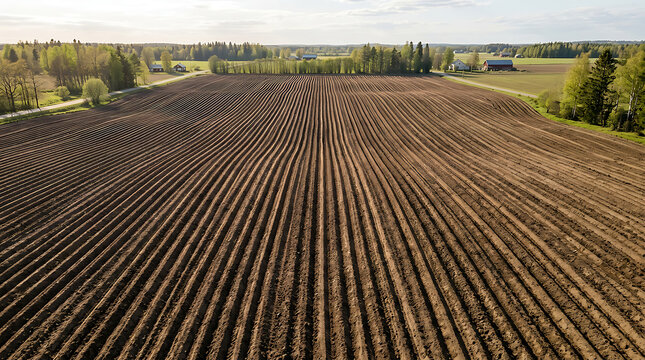 Aerial view of freshly plowed agricultural field rows.