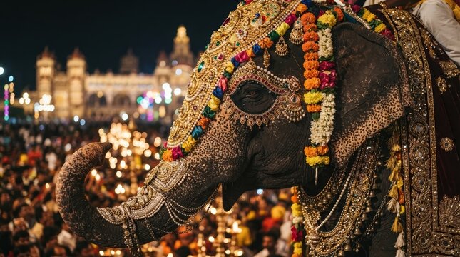 Majestic decorated elephant adorned with traditional gold jewelry and floral garlands during a grand cultural festival procession at night with blurred lights