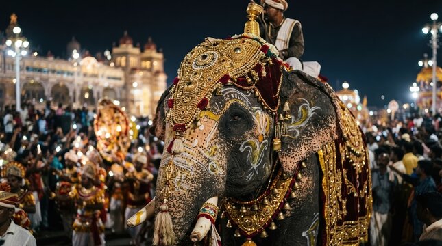 Majestic decorated elephant in traditional night procession with ornate gold jewelry and ceremonial paint, representing cultural heritage, royalty, and spiritual celebration