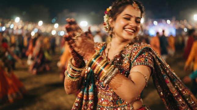 Young Indian woman dancing traditional Garba at festive outdoor celebration wearing colorful chaniya choli with henna hands and bangles representing cultural joy