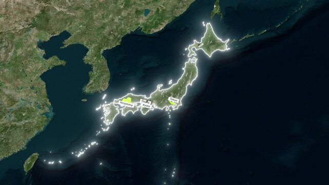 3D Satellite Map Zoom to Japan with City Labels and Highlighted Regions