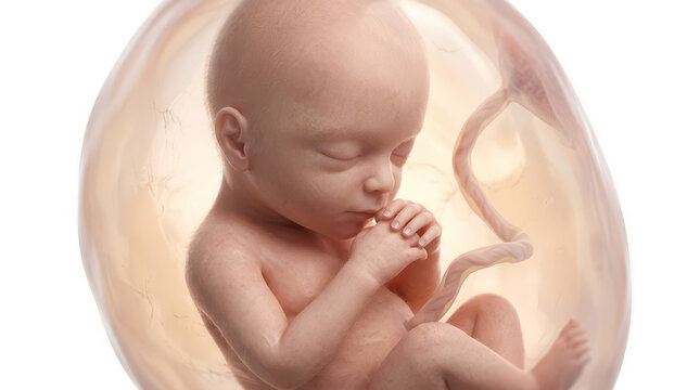 Realistic 3d illustration of a developing human fetus inside the womb transparent background