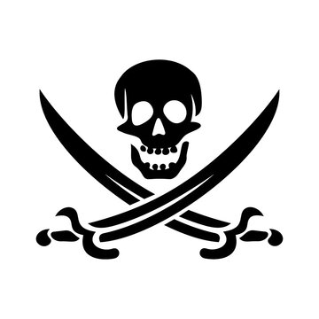 Pirate logo featuring human skull silhouette and crossed cutlass swords for maritime adventure branding