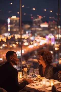 Couple enjoys a rooftop anniversary celebration with city lights and candles at night while sharing a meal and laughter