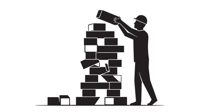 Construction worker stacking bricks on unstable wall during masonry repair and renovation project