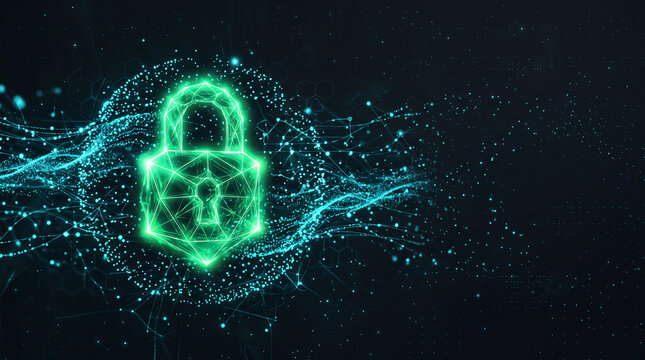 Abstract cyber security quantum dot technology background with glowing green padlock digital data protection network connection concept