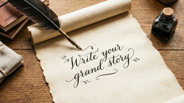 Quill pen and inkwell on a wooden desk preparing to write 'Write Your Grand Story' on aged parchment scroll