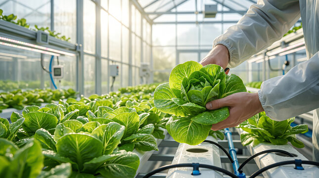 Harvesting organic green lettuce within a high-tech hydroponic vertical farming facility focused on sustainable agricultural production systems.