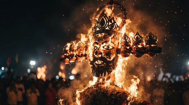 Burning multi-headed effigy of a demon king at night, traditional cultural festival celebration, symbolic victory of good over evil, dramatic fire and sparks, ritualistic bonfire