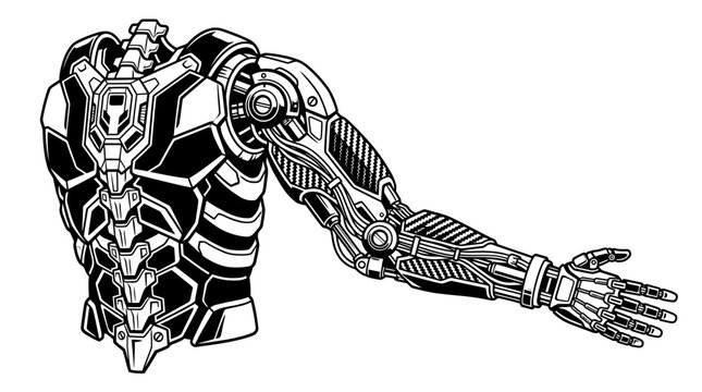 Futuristic robot warrior in dynamic combat pose. Cybernetic mech soldier with armored exoskeleton and mechanical claws ready for battle.