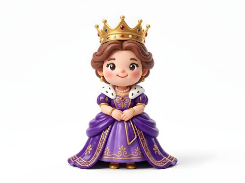 A cute cartoon style queen princess figurine wearing a purple royal dress and a golden crown.