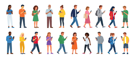 Diverse people using mobile phones in flat illustration style © Danang