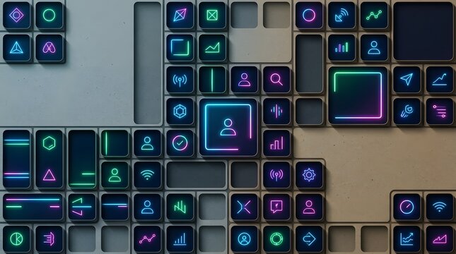 Futuristic digital keyboard with glowing neon icons and symbols showcasing technology and interface design suitable for UI UX dashboards and minimalistic layouts