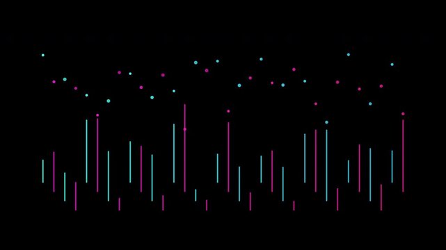 Abstract digital data visualization with fluctuating teal and magenta lines and dots on a dark background representing modern technology and financial trends