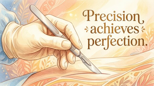 Surgeon's hand with scalpel performing precise surgical incision with inspiring text 'Precision achieves perfection'