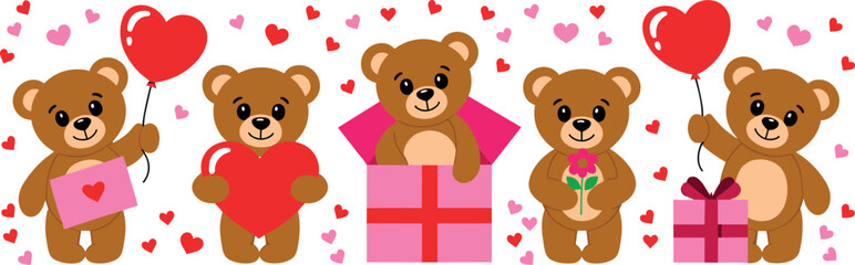 Fototapeta premium Cute valentine teddy bear collection with heart balloons love letters gifts and flowers vector illustration set on white background
