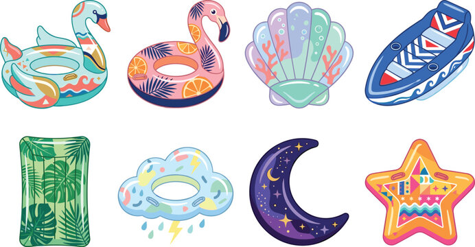 Colorful summer pool float collection, inflatable beach accessories, tropical vacation vector illustration set isolated design