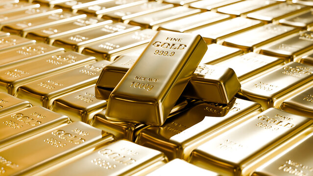 3D Illustration of Fine Gold Bars 999.9 Stacked in Vault &ndash; Wealth and Investment Concept