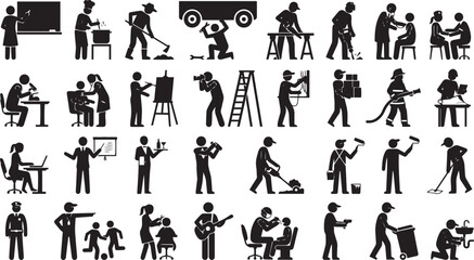 Obraz premium Premium professional worker vector icon collection featuring skilled occupations, healthcare, education, construction, maintenance, service, and creative career silhouettes.