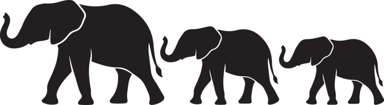Three elephants walking silhouette, elephant family procession, black solid vector, and transparent background.