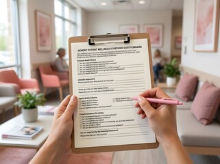 Obraz premium Patient filling out a wellness screening questionnaire on a clipboard in a medical office waiting room.