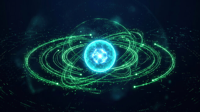 Futuristic renewable data storage concept with glowing energy sphere and orbiting green digital particles representing quantum computing technology