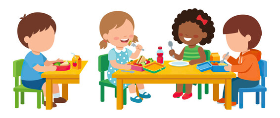 Diverse children eating lunch together at tables